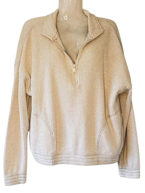 aerie Tops - Aerie Thermal Waffle Knit Quarter Zip Side Pockets Ivory Oversize Women's Medium